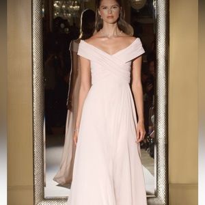 Oleg Cassini off-the-shoulder gown with chiffon skirt in Color Petal Pink-Sz 14